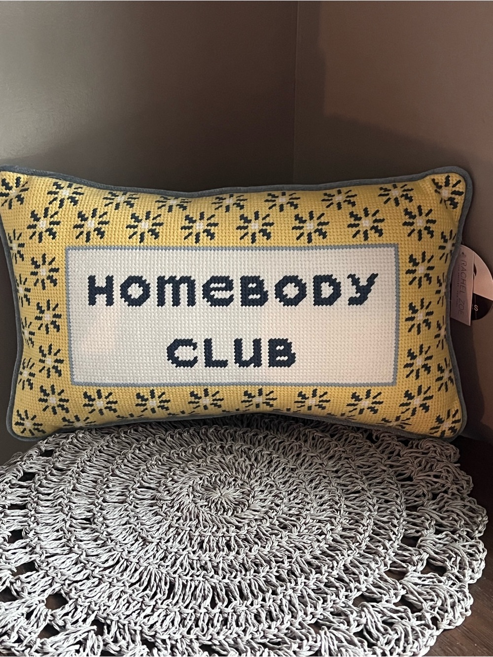 NWT Homebody Club Decorative Needlepoint Pillow - Yellow & Navy Cottage Core